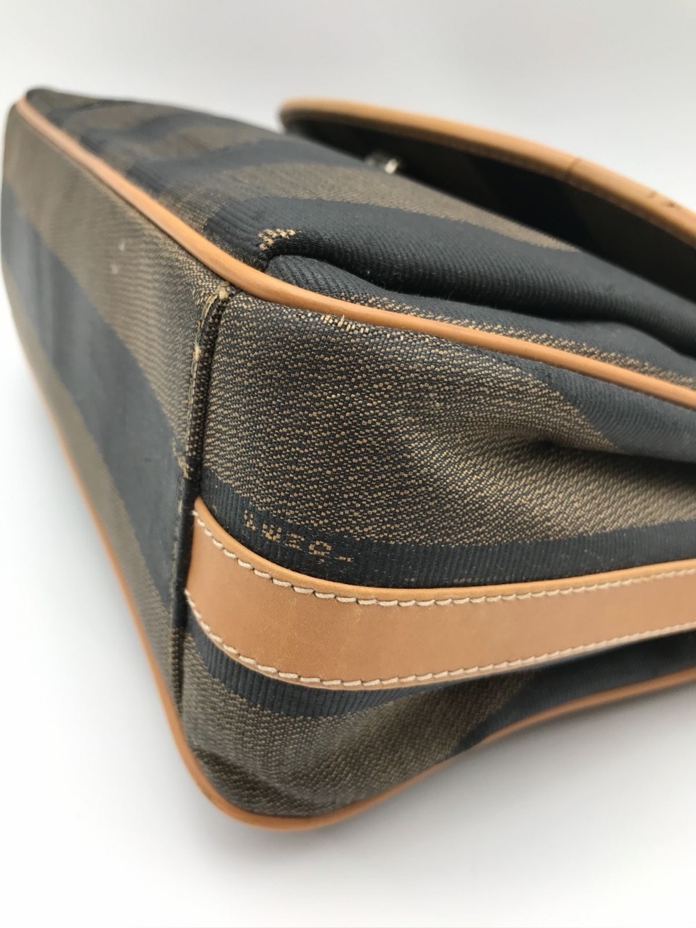 Fendi Pequin Stripe Crossbody Bag Vintage Brown Black Canvas Leather Flap Purse - Picture 4 of 14